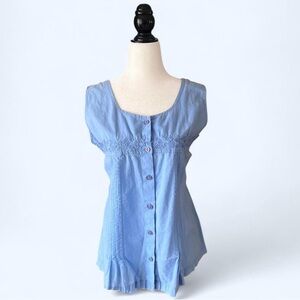 Vintage Blue Embroidered Cottagecore Fairy Button Up Sleeveless Summer Blouse XL